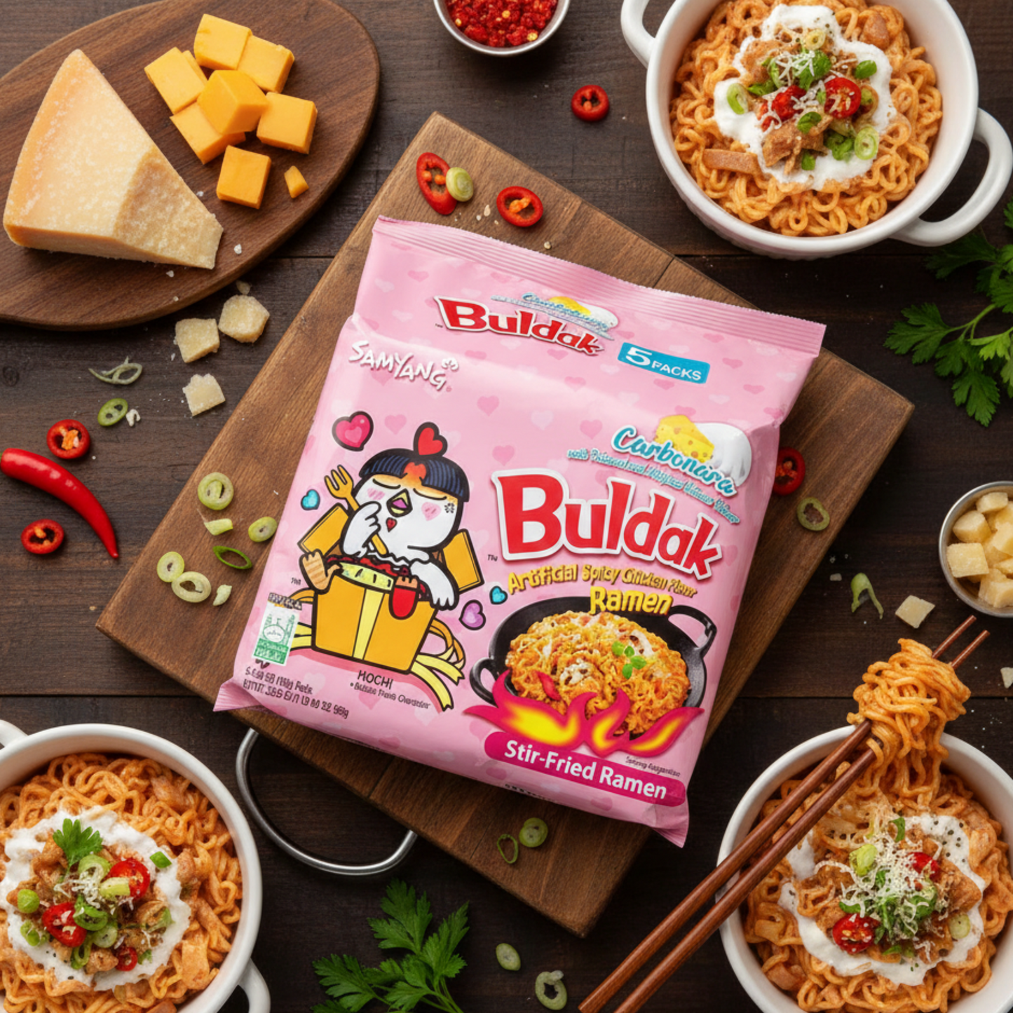 5 bucăți de tăiței de pui SamYang Buldak Ramen cu aromă de Carbonara 130 g 