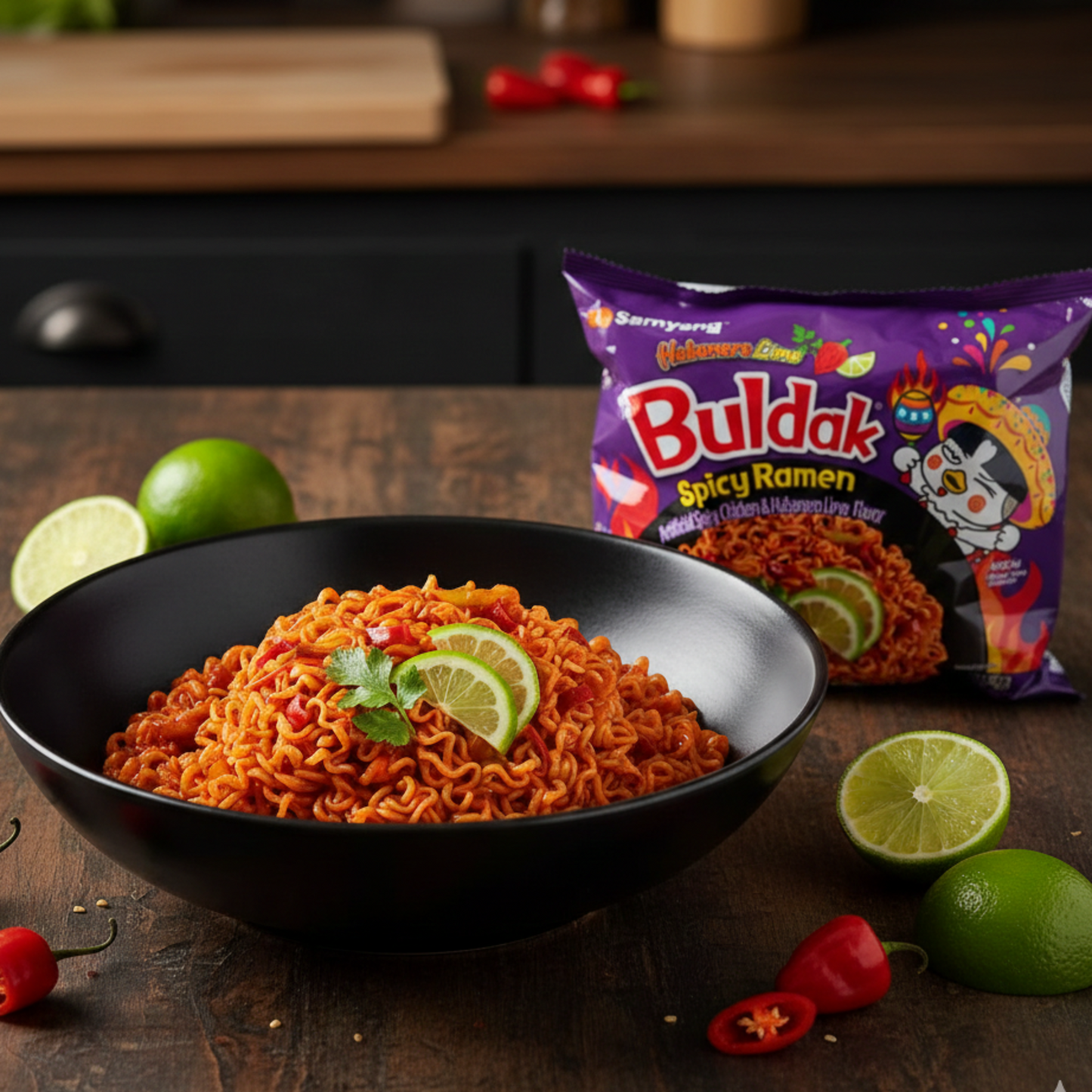 5 bucăți PASTE CU PUI SAMYANG BULDAK CU AROMĂ DE LIME HABANERO 135 G 