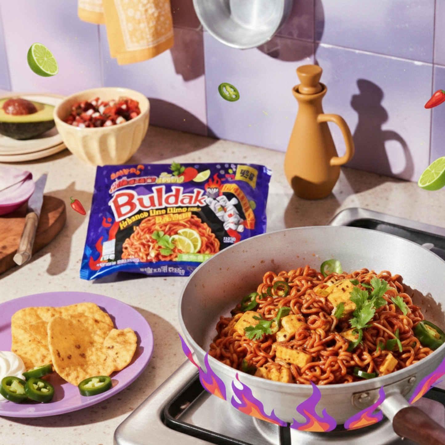 5 bucăți PASTE CU PUI SAMYANG BULDAK CU AROMĂ DE LIME HABANERO 135 G 