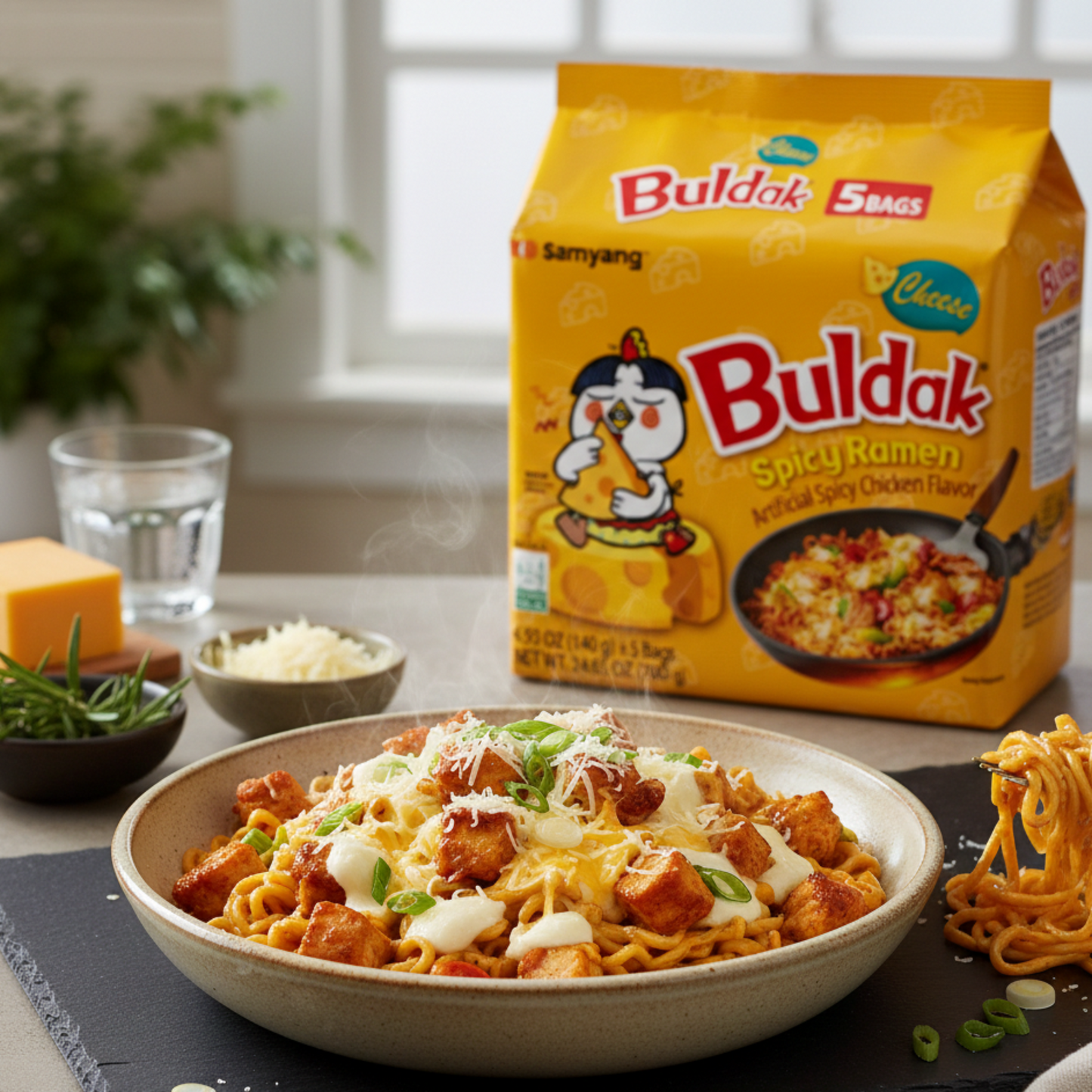 5 bucăți de tăiței de pui Samyang Buldak cu aromă de brânză 140 g