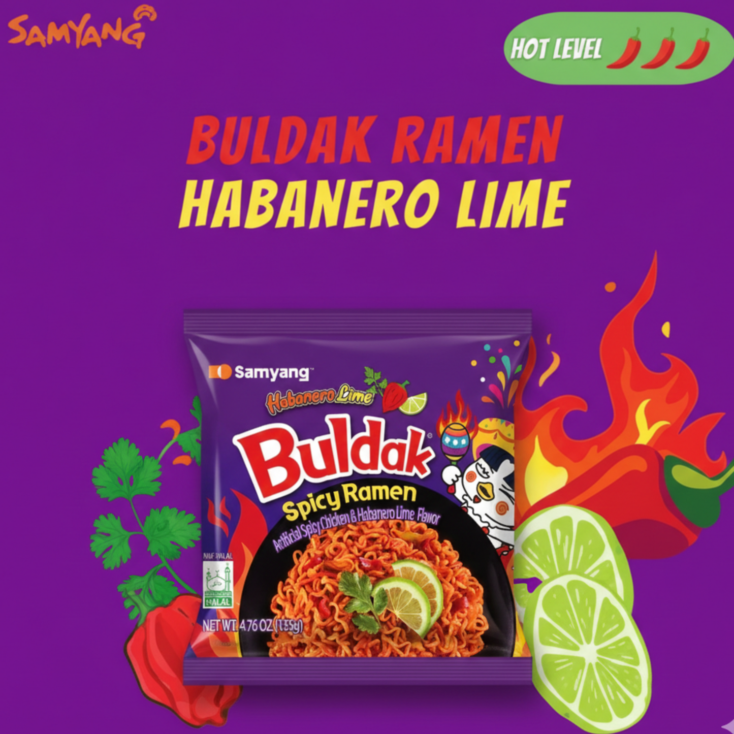5 bucăți PASTE CU PUI SAMYANG BULDAK CU AROMĂ DE LIME HABANERO 135 G 