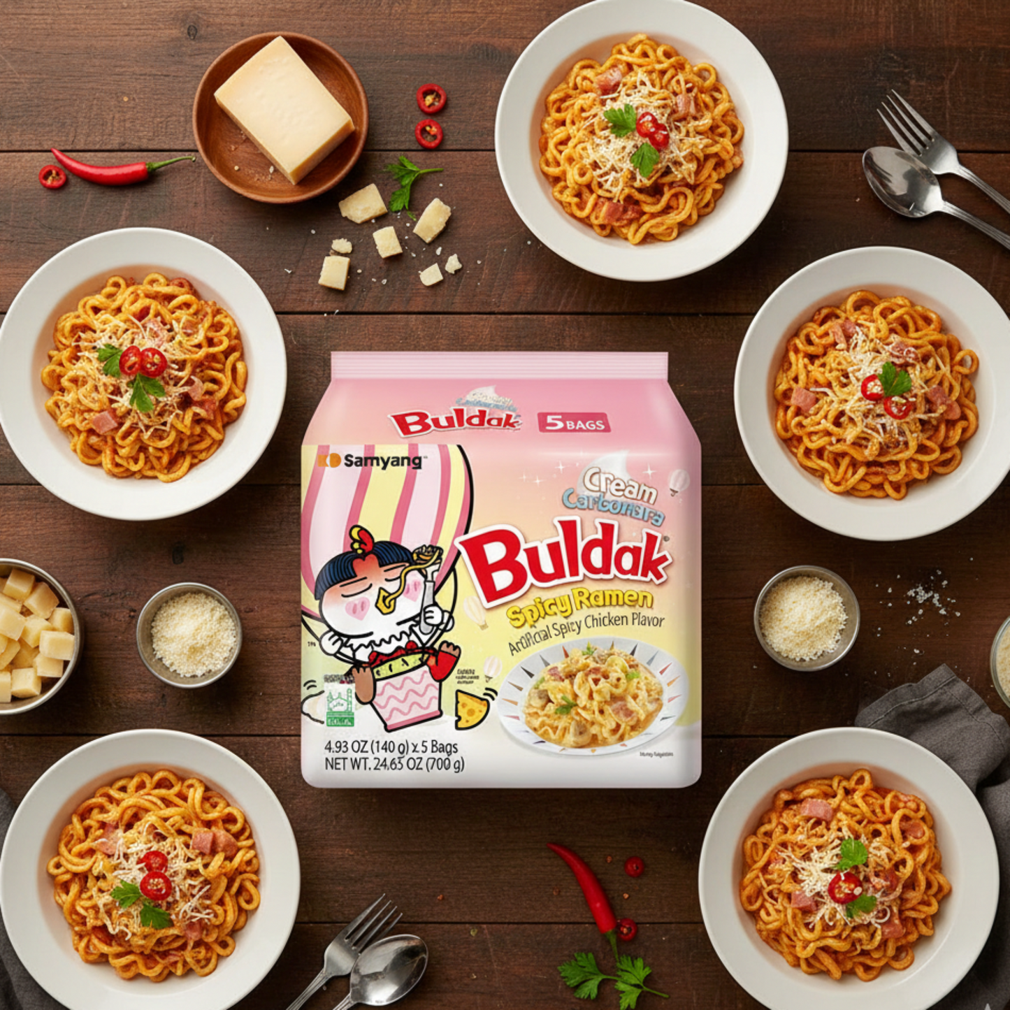 5 bucăți de paste cu aromă de cremă de pui Samyang Buldak Carbonara 140gr 