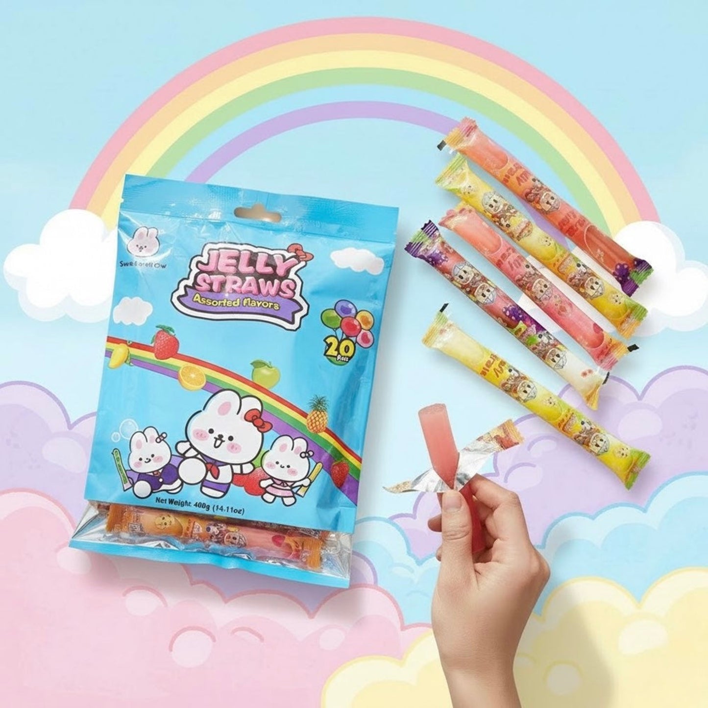 SweetMellow Jelly Straws fruit jelly sticks 400g Flavors: apple, pineapple, strawberry, orange, mango, lychee